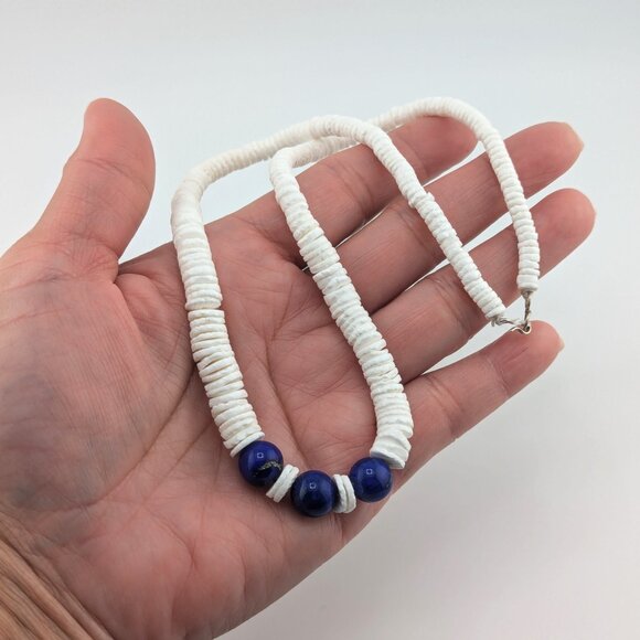 Navajo Graduated White Shell with Lapis Beaded Necklace Southwest Style **‎ - Picture 12 of 13